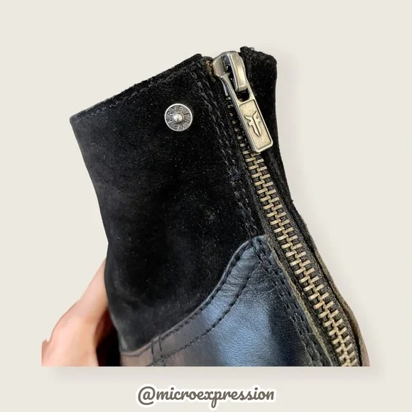Frye Tessa Zip Short Black Suede Real Leather Zip Up Heeled Round Toe Ankle Boot - Picture 8 of 11